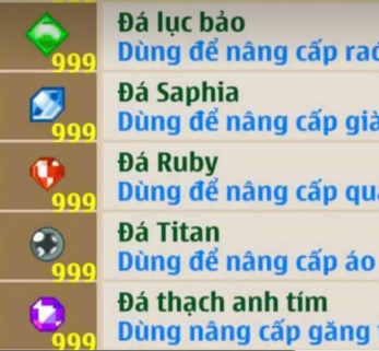 Các loại đá dùng để nâng cấp trang bị